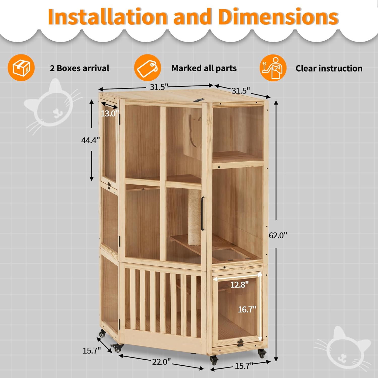 MCombo Large Corner Cat House Villa, Wooden Indoor Cat Enclosure with Scratching Post, Multi-Feature Enclosed Cat Cages with Escape Doors