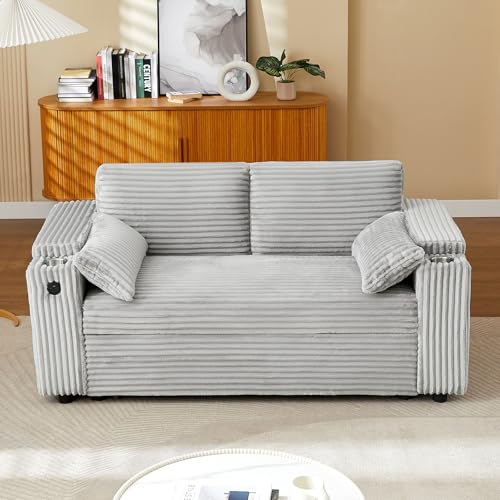 68.11" Corduroy Sleeper Chair Bed with USB Port, Cup Holders & Side Storage Pockets – 3-in-1 Foldable Sofa Bed for Guest Room, Living Room – White