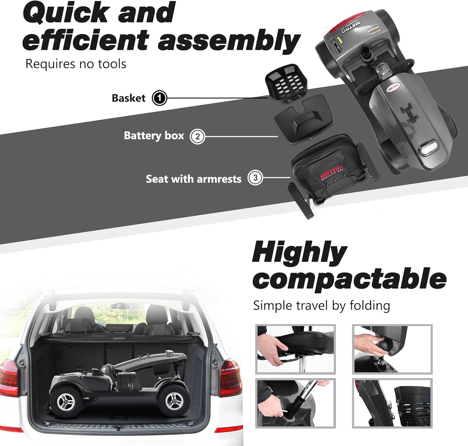 Metro Mobility 4 Wheel Motorized Scooter for Adults - 300 lbs Capacity Powered Mobility Scooters for Seniors, Travel