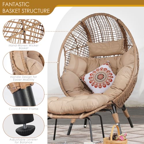 NICESOUL Stationary Egg Chair Indoor Outdoor Wicker Oversized Thick Cushions Egg Shaped Loveseat Chair