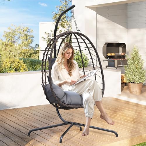 Hanging Egg Chair with Stand, Swinging Egg Chair Outdoor Indoor, Hanging Basket Chair with Cushion