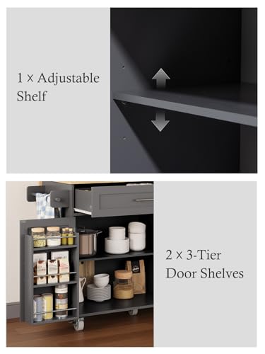 Kitchen Island with Storage, 31.5" D Rolling Kitchen Island Cart on Wheels with Widen Drop Leaf Rubberwood Top