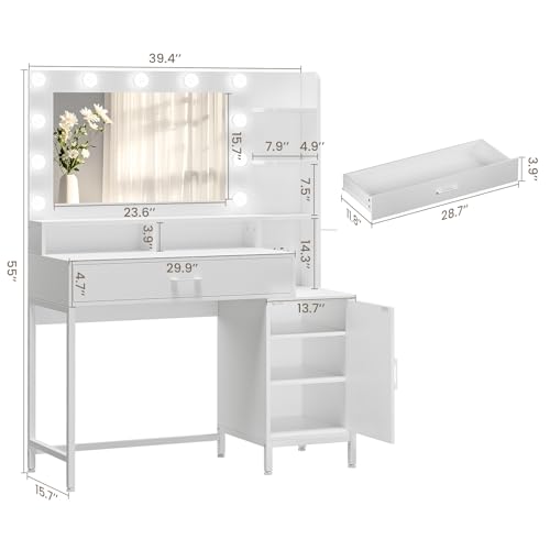 Vanity Desk with Mirror and Lights, Makeup Vanity with Storage Drawer, Power Outlet and Large Cabinet for Bedroom - White