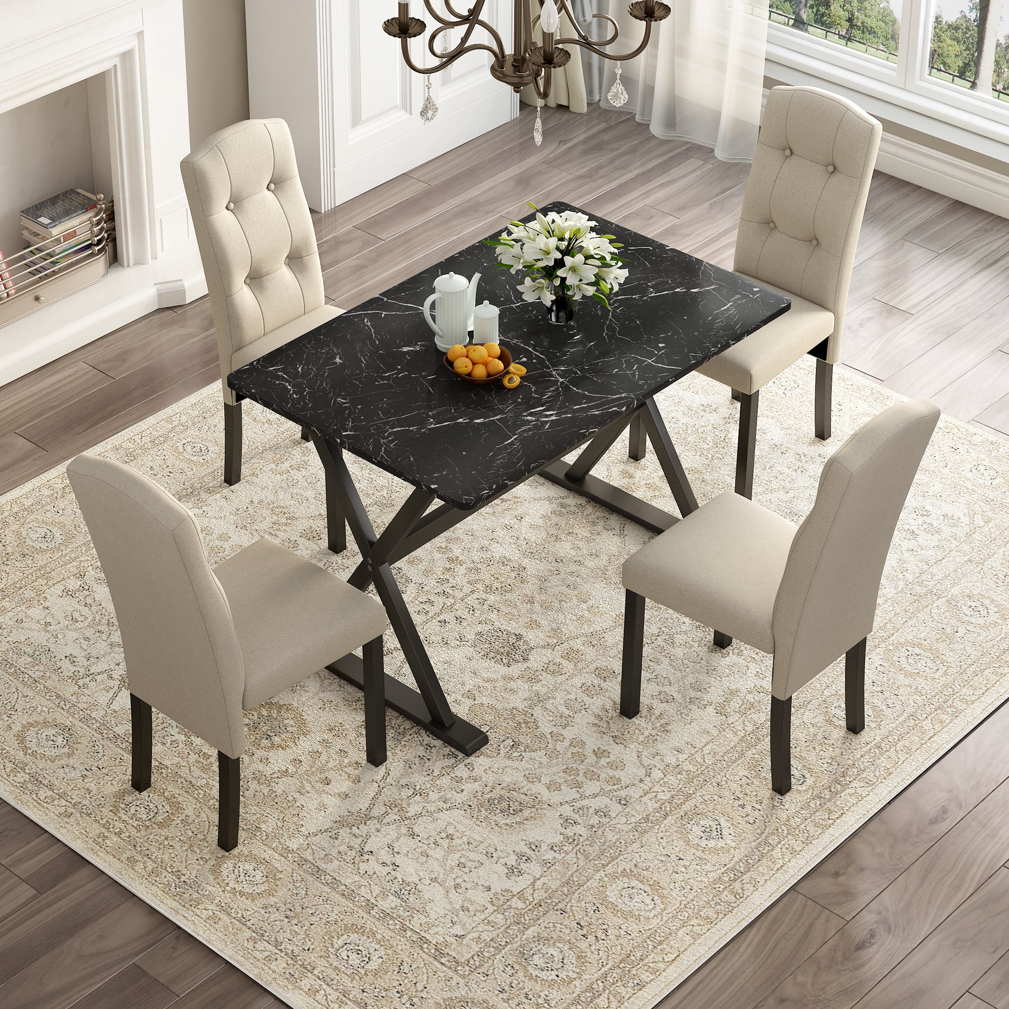 Atumon Dining Room Set for 4, 5 Piece Dining Set with Faux Marble Tabletop and 4 Upholstered Chairs, Wood Farmhouse Dining Room Set