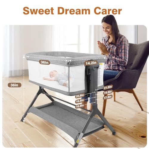 3-in-1 Baby Bassinet, Bedside Bassinet Sleeper, Rocking Bassinet with Comfy Mattress&Breathable Mesh, 6-Height Adjustable