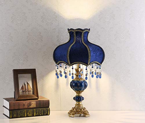 Victorian Style Table Lamp Blue Fabric Lampshade Hand-Made Antique Varnished Resin Lampbody Small Lamp for Living Room Bedroom,13 in W, 21.6 in H (Q2)