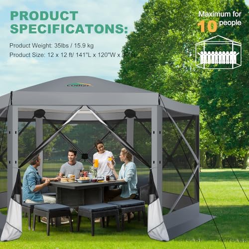 COBIZI 12x12ft Pop up Gazebo Screen Tent Screen House for Camping, Camping Outdoor Screened Gazebo, Canopy Tent