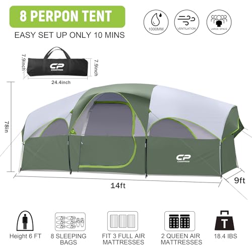 CAMPROS CP Tent 8 Person Camping Tents, Weather Resistant Family Tent, 5 Large Mesh Windows, Double Layer, Divided Curtain for Separated Room