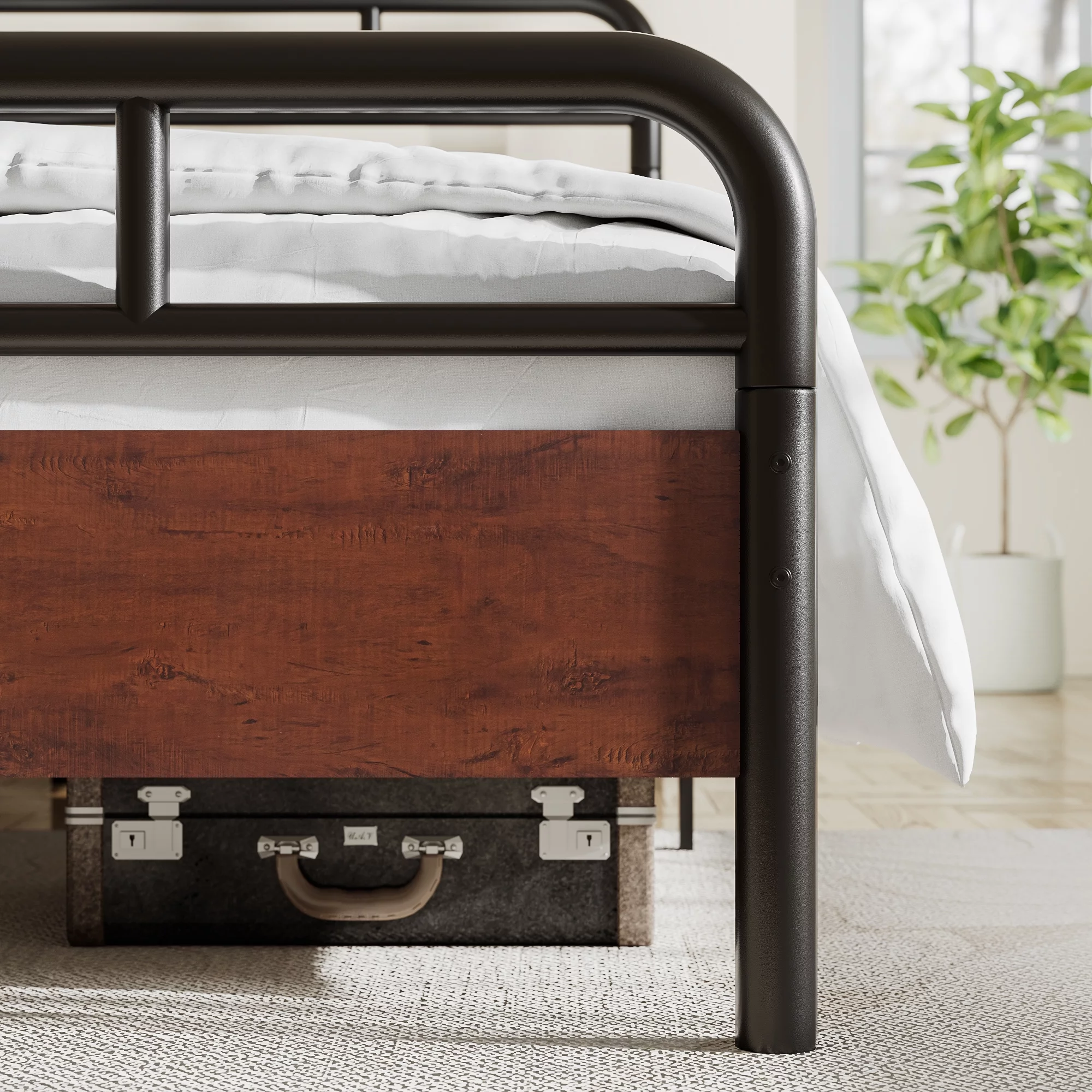 Sha Cerlin Dark Brown Queen Size Metal Platform Bed Frame with Industrial Heavy Duty Wooden Headboard