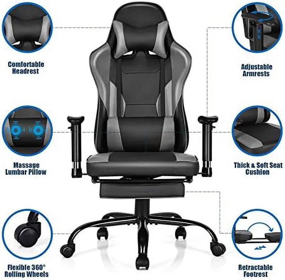 Gaming Chair  High Back Computer Gaming Chair with Adjustable Armrests &amp; Massage Lumbar Support  Swivel Ergonomic Reclining Office Chair (Black)