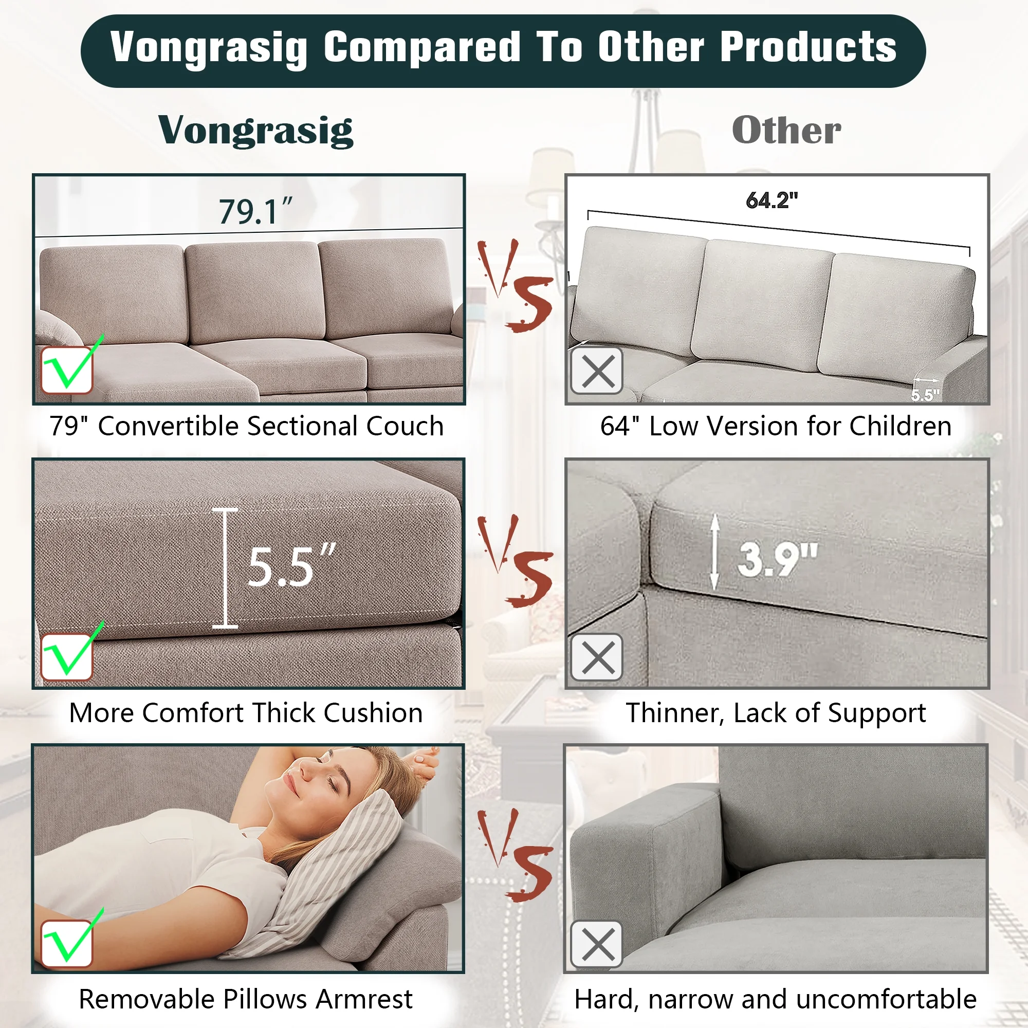 Walsunny 79 Convertible Sectional Sofa Couch,Linen Fabric L Shaped Sofa with Removable Pillows Dark Gray