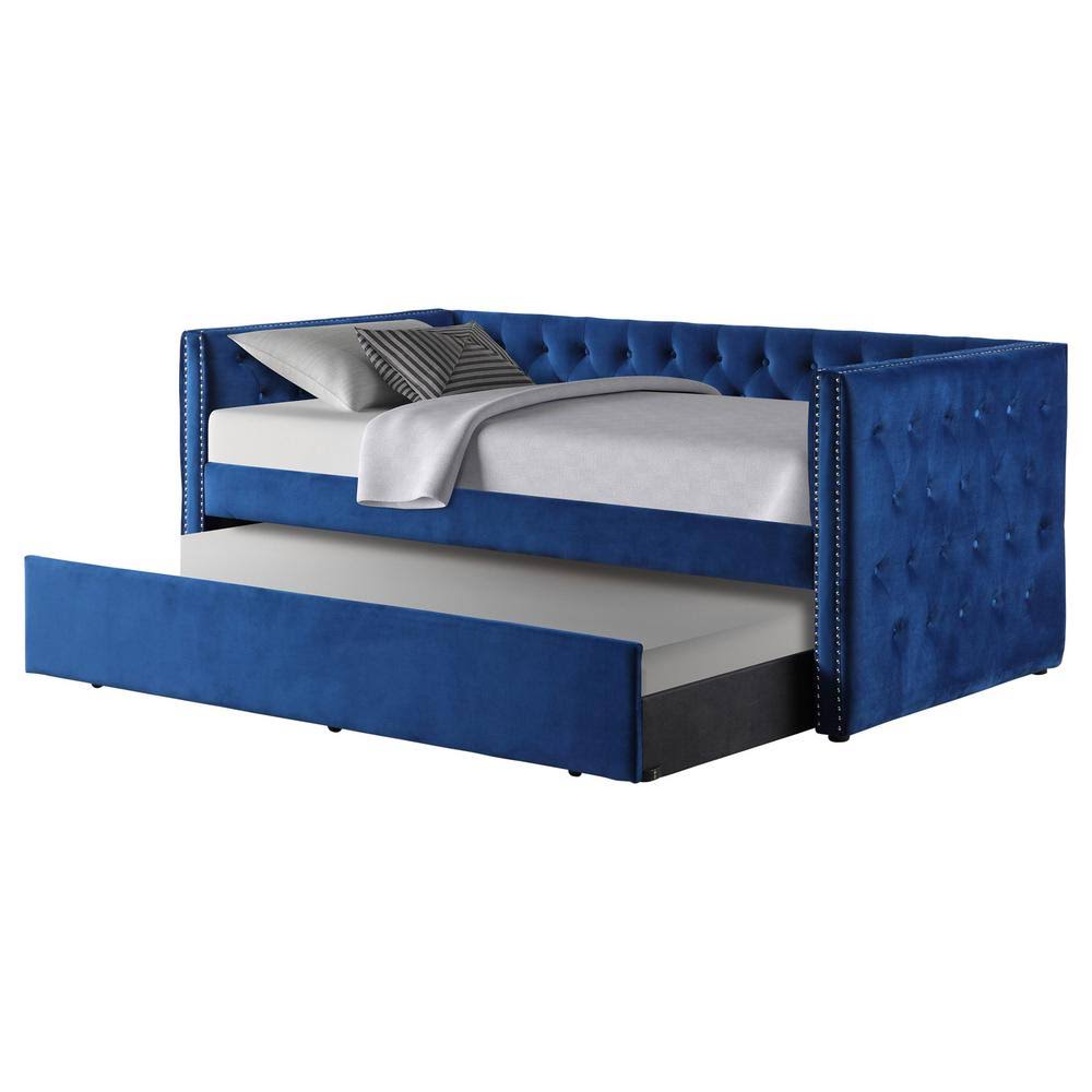 Best Master Furniture Nikora 86x22 Tufted Velvet Daybed with Trundle, Blue