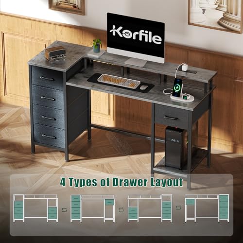 47 Inch Computer Gaming Desk with Power Outlets LED Lights Reversible Home Office with Adjustable Fabric Storage Drawers for Working Writing Study
