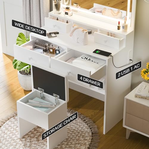 Haewon Vanity Desk with Lighted Mirror and Charging Station, Makeup Vanity Table Set with 4 Drawers and Storage Chair
