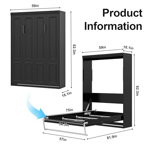Black Wood Full Size Murphy Bed, Murphy Bed Full Space-Saving Wall Beds