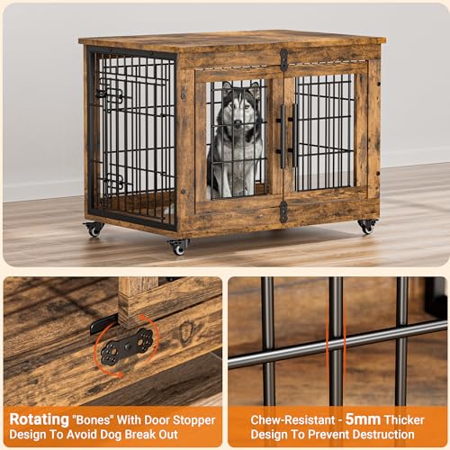 Lulive Dog Crate Furniture for Medium Dogs, 32'' Dog Kennel Indoor with Cushion & Wheels Wooden Dog Cage Double Doors Dog Crate End Table, Grey