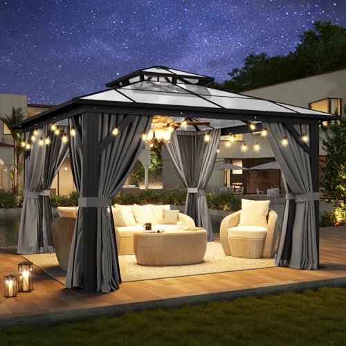 Aoxun 12'x10' Hardtop Gazebo, Aluminum Frame Permanent Pavilion with Curtains and Netting, Outdoor Polycarbonate Double Roof Canopy