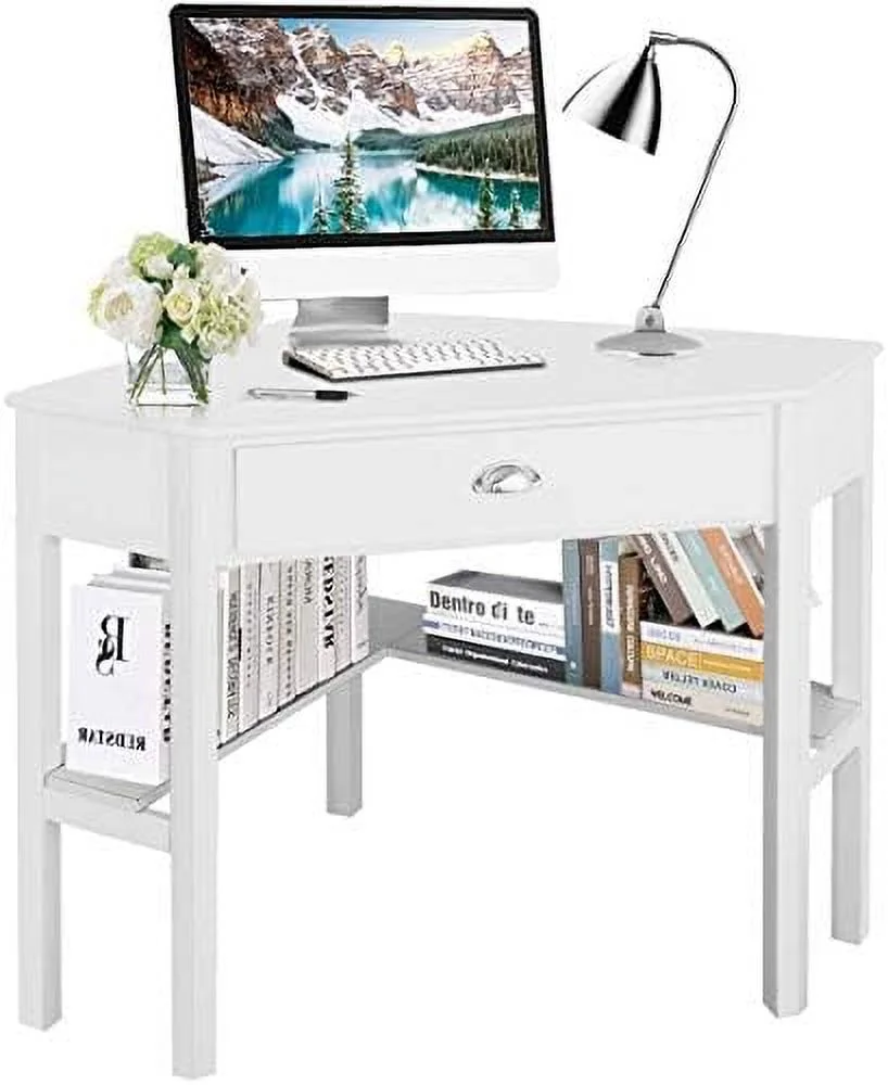 KHBIULIFE Corner Desk for Small Space  Compact Writing Table with Drawer and Shelves  Space Saving Study Modern Workstation  Laptop Corner Computer