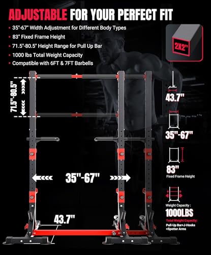 YOLEO Squat Rack with Adjustable Pull-Up Bar & Extended Safety Arms, Multi-Functional Power Racks Squat Stand for Home Gym, Garage & Basement