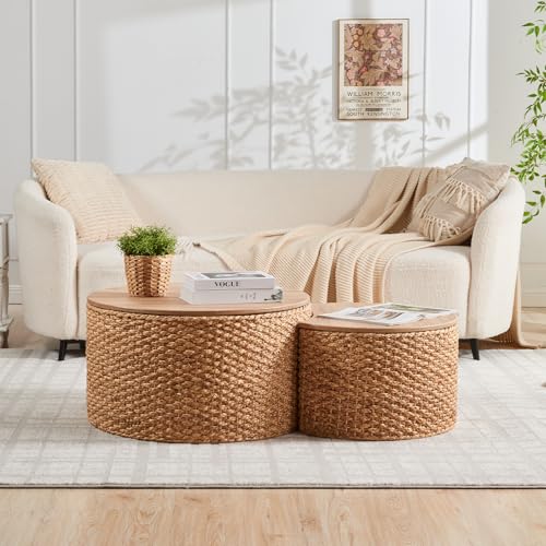 Round Nesting Coffee Table Set of 2 with Storage - Handwoven Wicker Rattan Ottoman Style, Boho Coastal Coffee Tables for Living Room