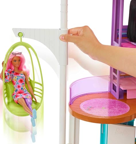 Barbie Vacation House, 2-Storey Fully-Furnished Barbie House with 6 Play Areas, Swing Chair Elevator, 30 Accessories, Fold and Store