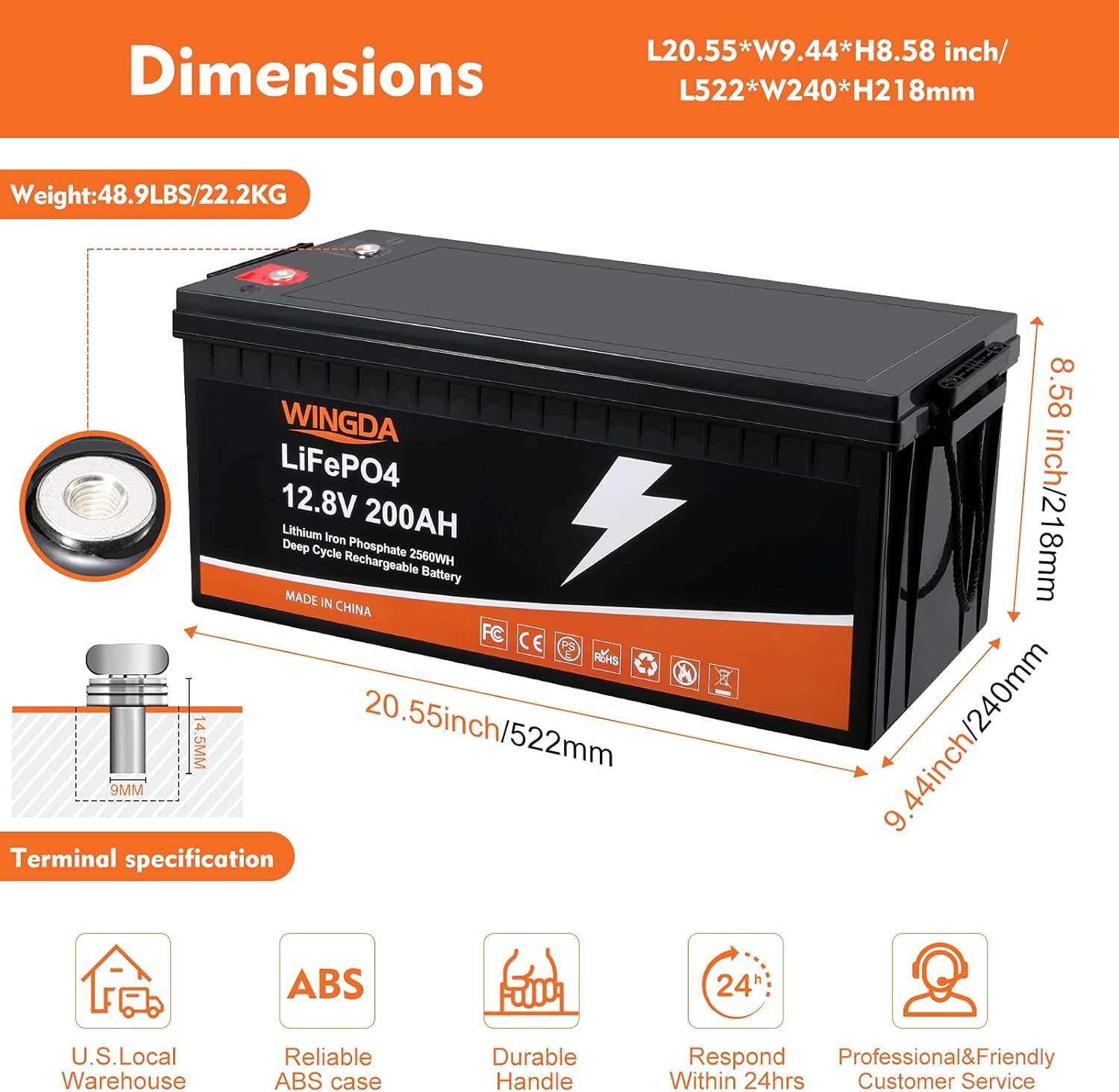 WINGDA LiFePO4 Battery 12V 100Ah Deep Cycle Lithium Batteries with Built-In BMS,5000+ Cycles 10 Year Life Time Rechargeable for RV, Solar Power