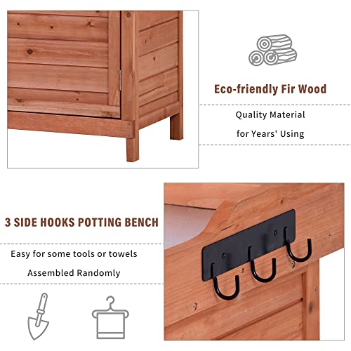 Merax 66" Large Outdoor Farmhouse Wooden Potting Bench Table, Garden Workstation with 2 Drawers, Cabinet, and Open Shelves for Backyard, Mudroom