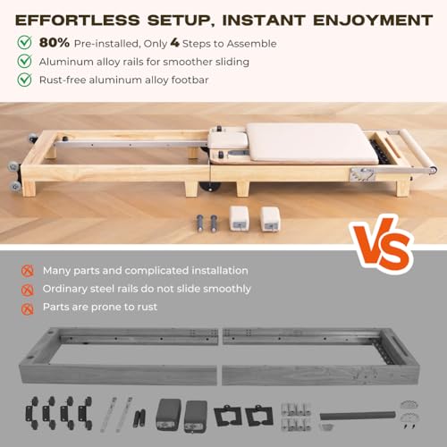 Pilates Reformer Machine, Quick-Assembly Foldable Studio Grade Pilates Equipment for Gym and Home, Oak Wood Pilates Reformer with Reformer Accessories