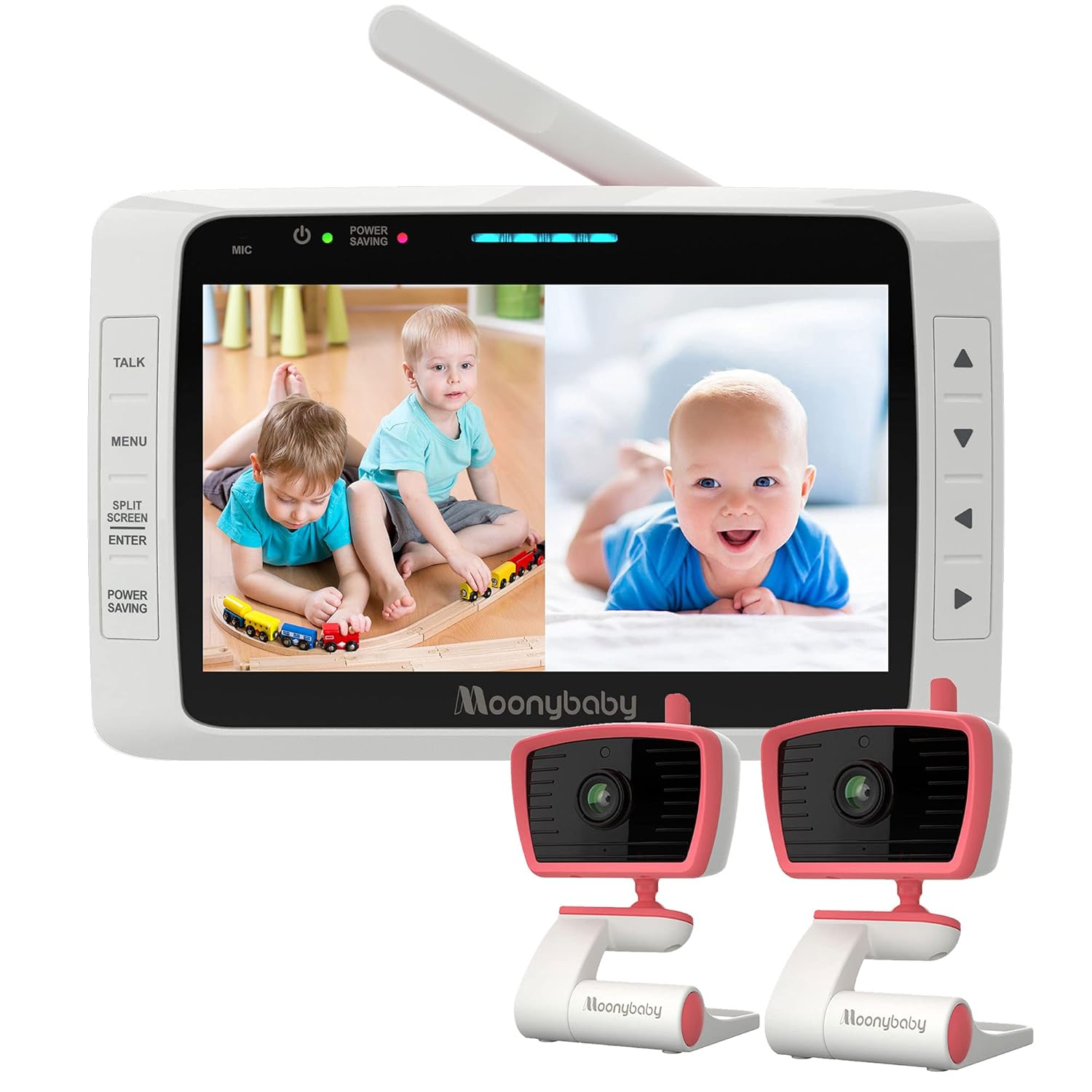 Moonybaby Split 50 Baby Monitor with 2 Cameras and Audio, No WiFi, Large Screen with Wide View, Screen Split, Auto Night Vision and Zoom