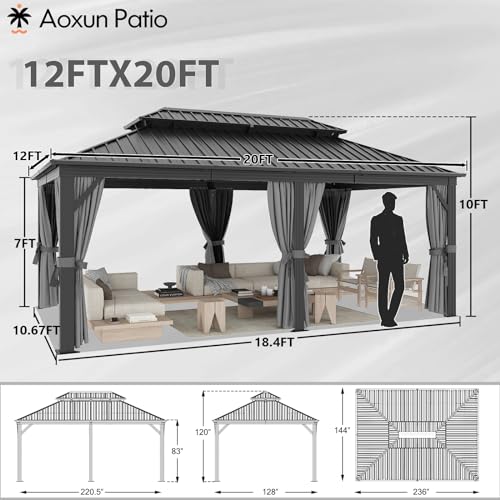 Aoxun 10' X 12' Hardtop Gazebo, Aluminum Metal Outdoor Gazebo with Galvanized Steel Double Roof