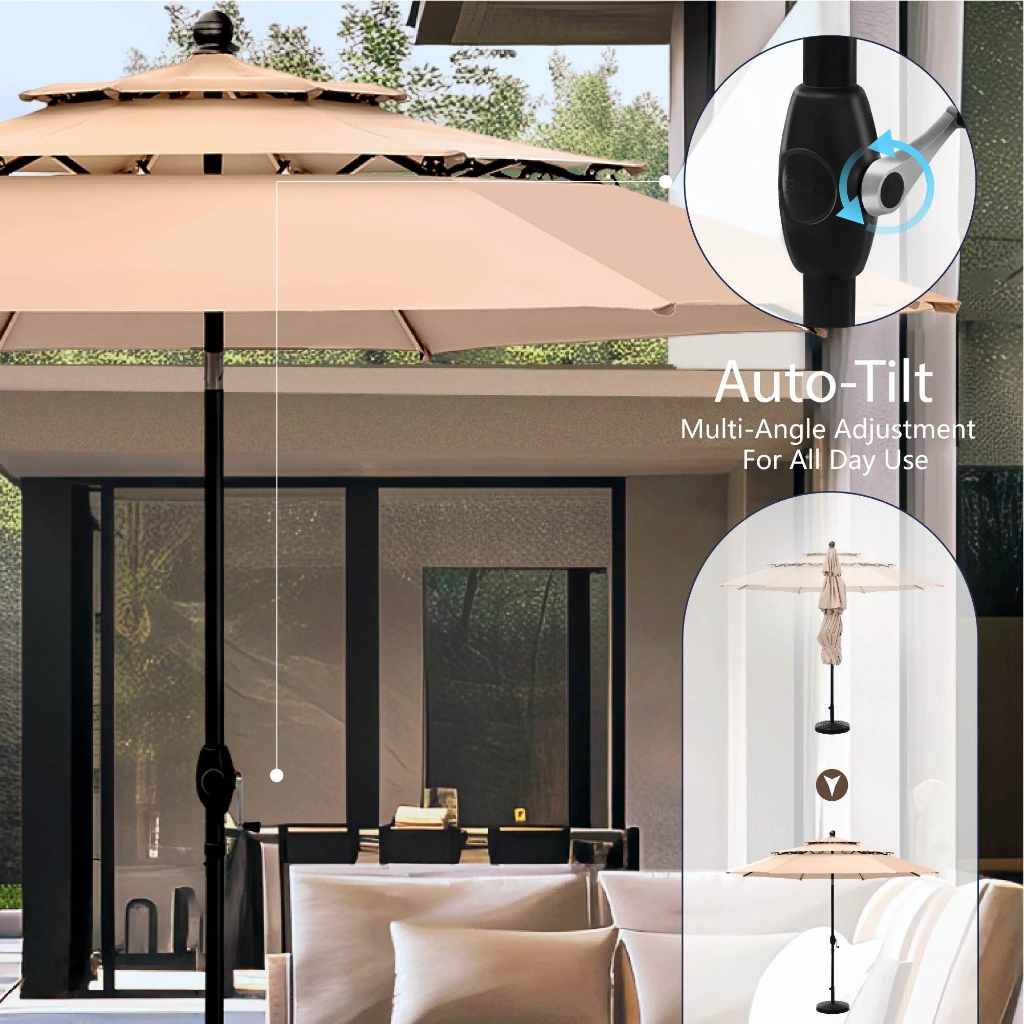 Sophia & William 10ft 3 Tier Auto-Tilt Outdoor Patio Umbrella Beach Garden Double Vented Table Umbrella with Push Button and Crank,Beige