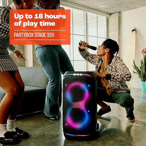 JBL PartyBox Stage 320 - Portable Party Speaker with Telescopic Handle & Wide, Sturdy Wheels, Powerful JBL Pro Sound, Futuristic lightshow