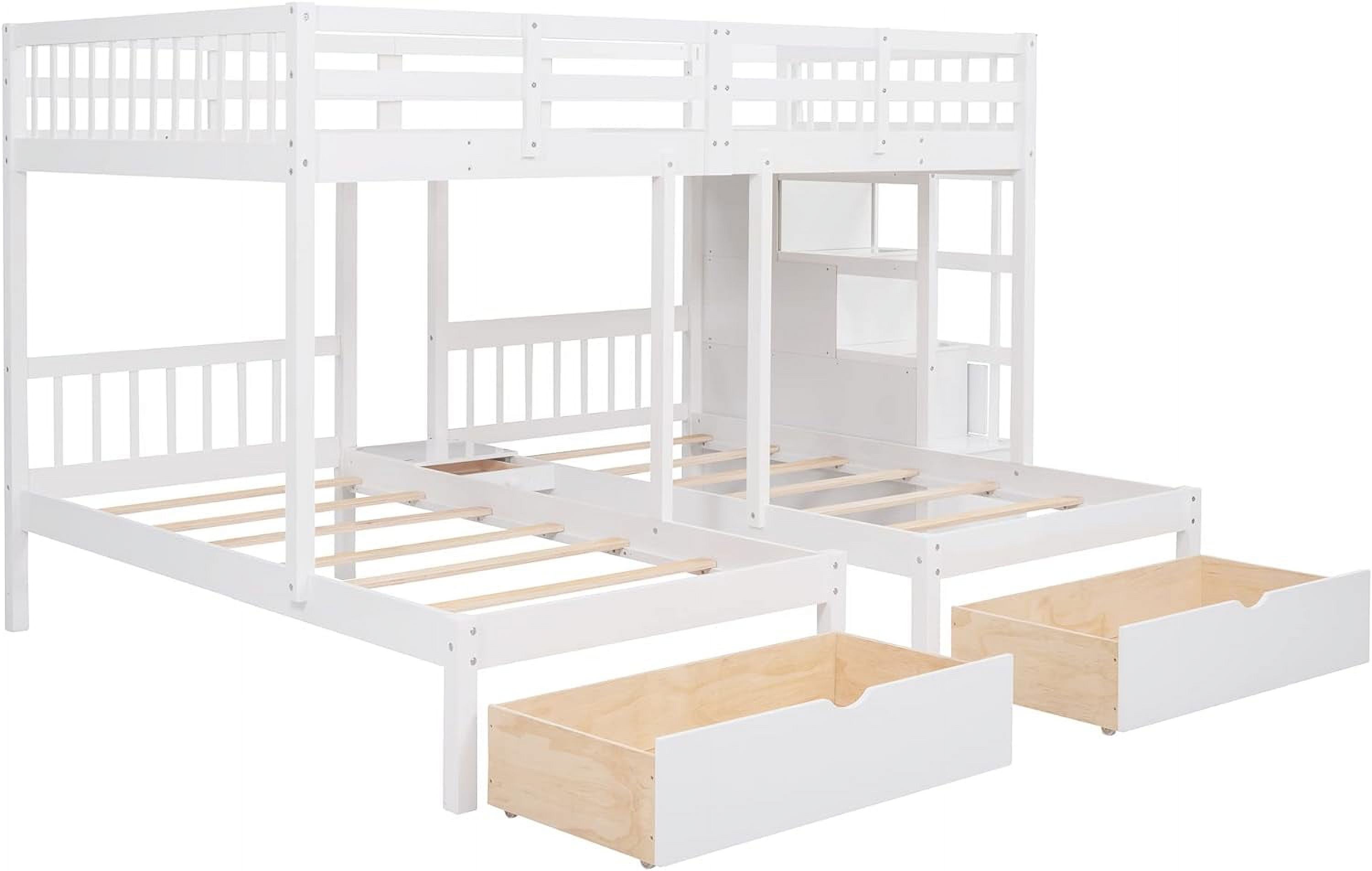 Full Over Twin & Twin Bunk Bed, Wood Triple Bunk-Beds with Drawers and Guardrails,White