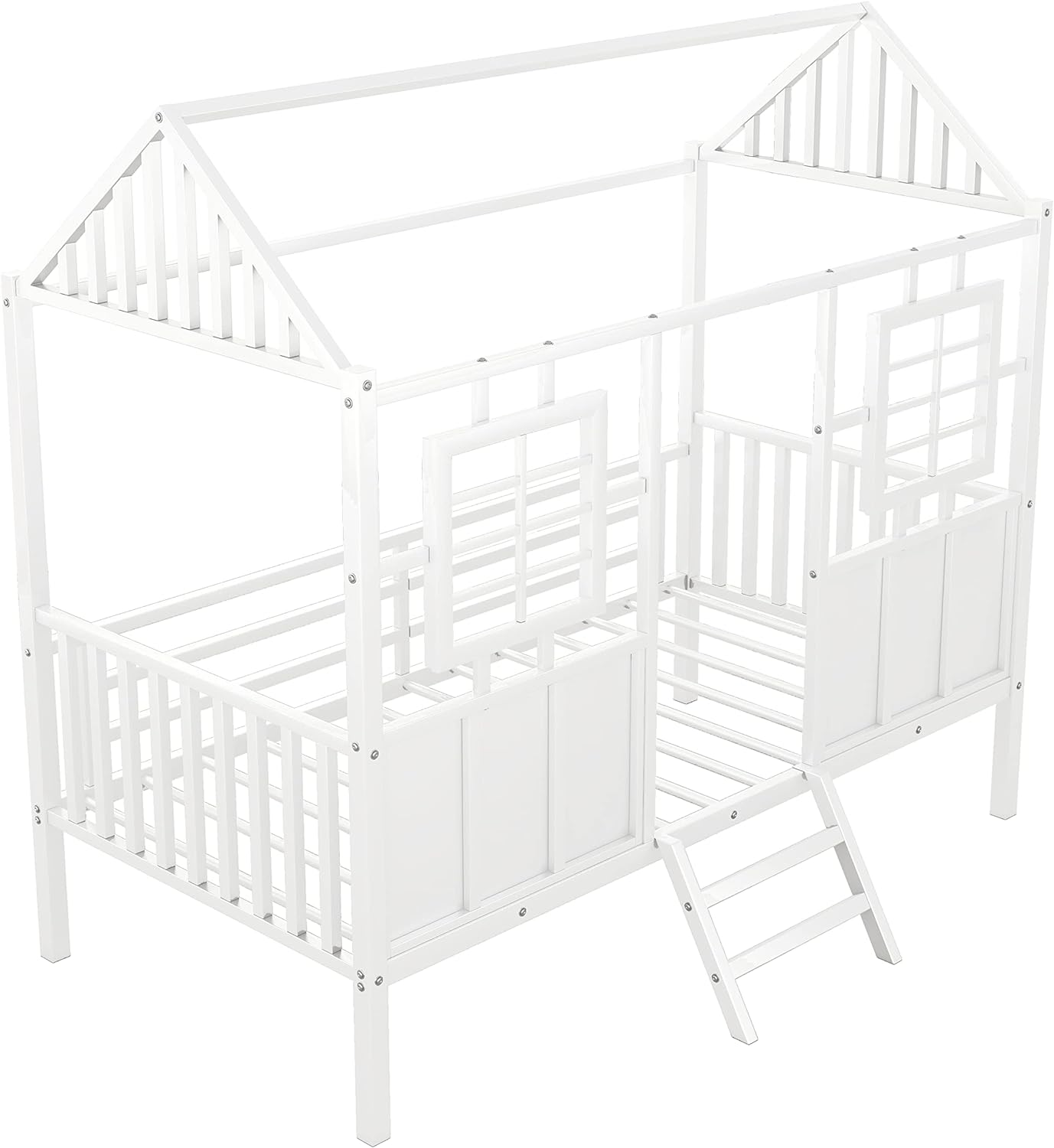 Size Low Loft Bed For Kids, Metal House Bed Frame With Roof And Two Front Windows