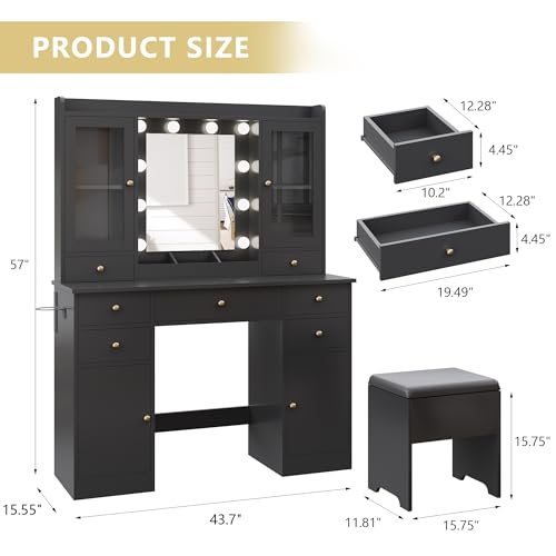 Makeup Vanity Desk with Mirror and Lights, White Vanity Table Set with Storage Drawers, Charging Station, Cabinets & Chair