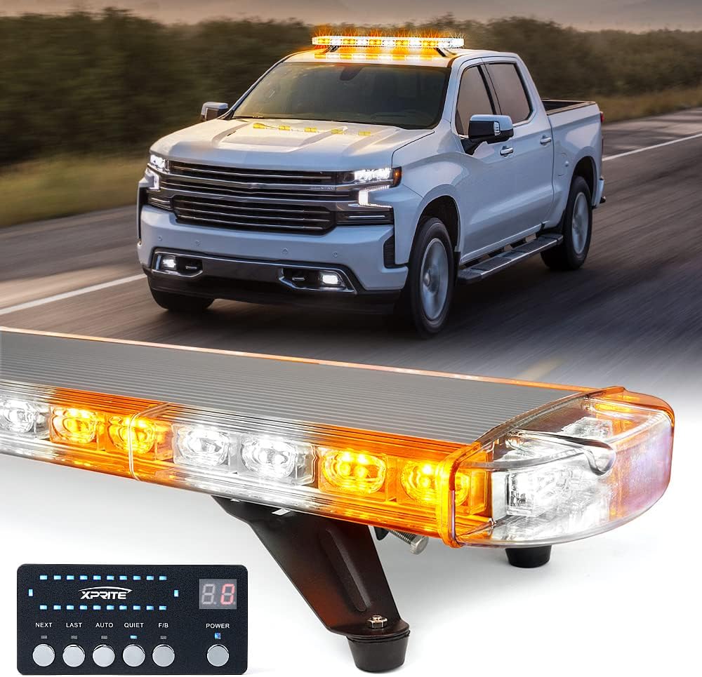 Xprite 48 Inch LED Amber Rooftop Emergency Warning Lights Bar 16 Strobe Patterns w/ Adjustable Mounting Brackets for Vehicles, Security