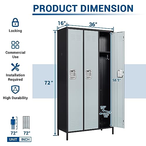 72" Metal Locker for Employees 3 Doors Blue Steel Storage Locker for Office, School, Gym - Metal Storage Cabinets for Home, Office, Gym, School