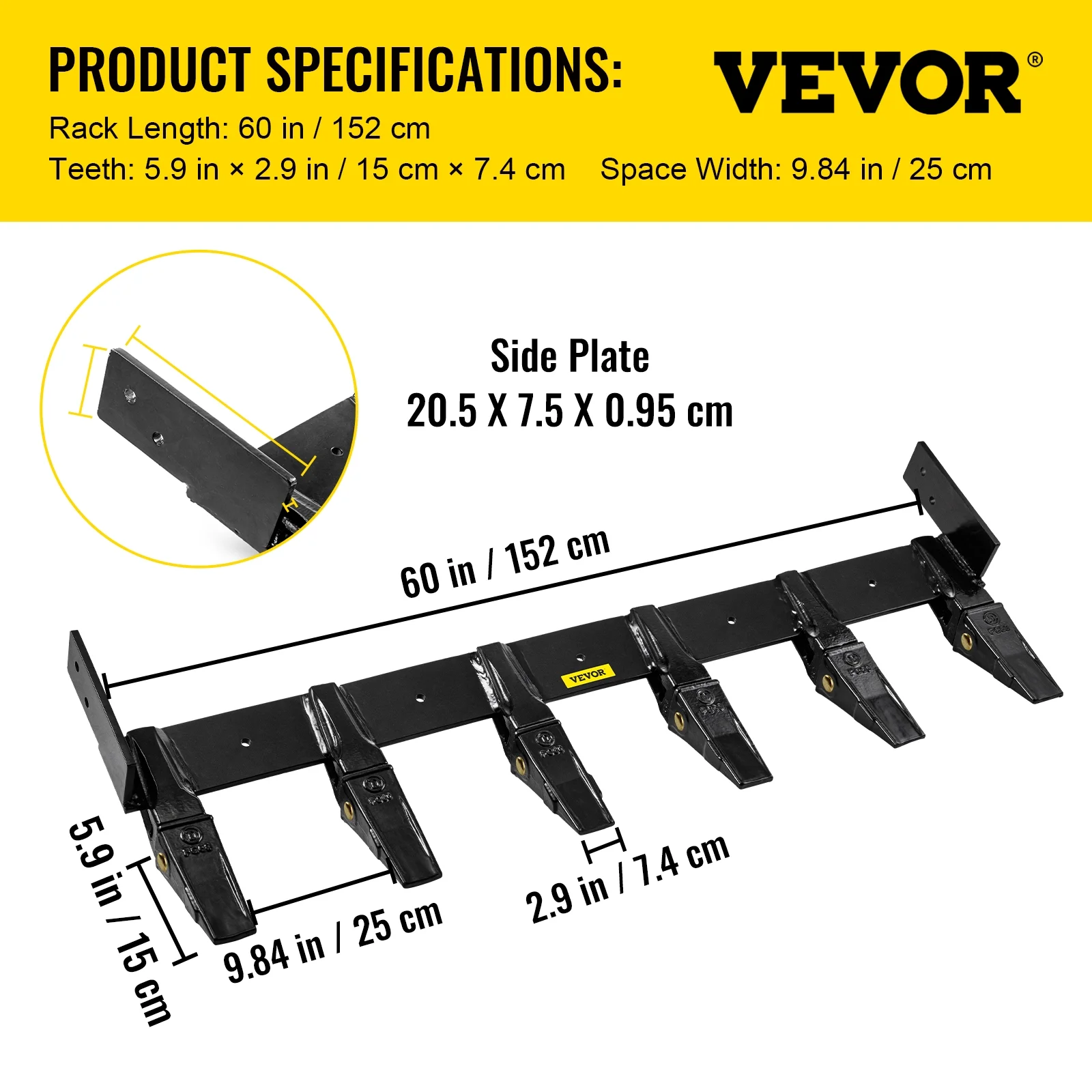 VEVOR Bucket Teeth Bar 60'' Inside Bucket Width Tractor Bucket Teeth 9.84'' Teeth Space Tooth Bar for Loader Bucket 23TF Bolt on Tooth Bucket Enables