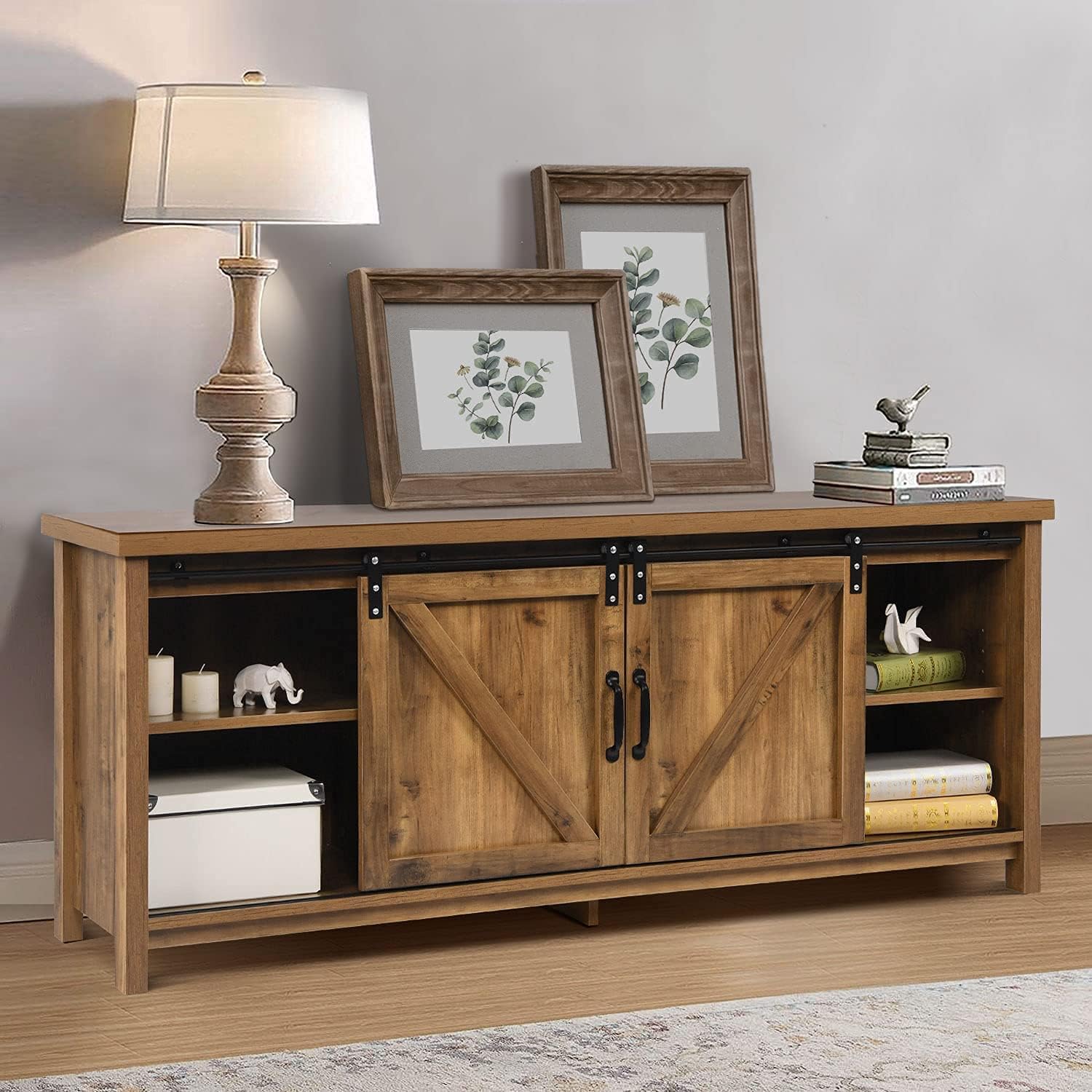 Farmhouse TV Stand Sliding Barn Door, Wood Living Room Storage Cabinet Media Console Entertainment Center w/Doors and Shelves TV's up to 65