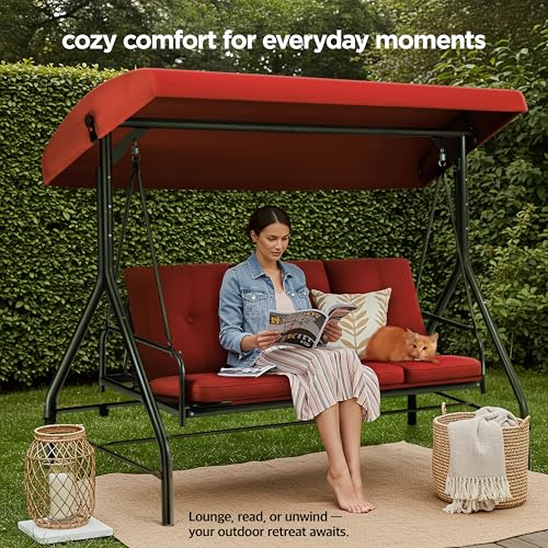 Porch Swing - 3-Seat Patio Outdoor Swing with Canopy for Adultes, Convertible Glider Bed, Thick Removable Cushions & Pillows for Backyard, Porch