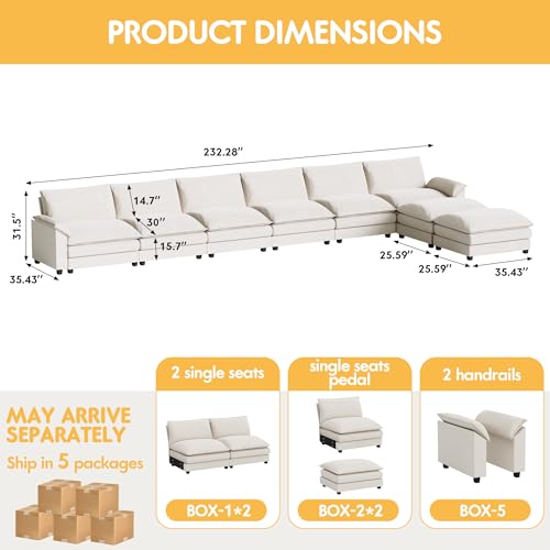 Homall 119" Modular Sectional Sofa, L Shaped Sofa Couch with Reversible Ottoman, DIY Combination Chenille Deep 3-Seat Cloud Couch for Living Room