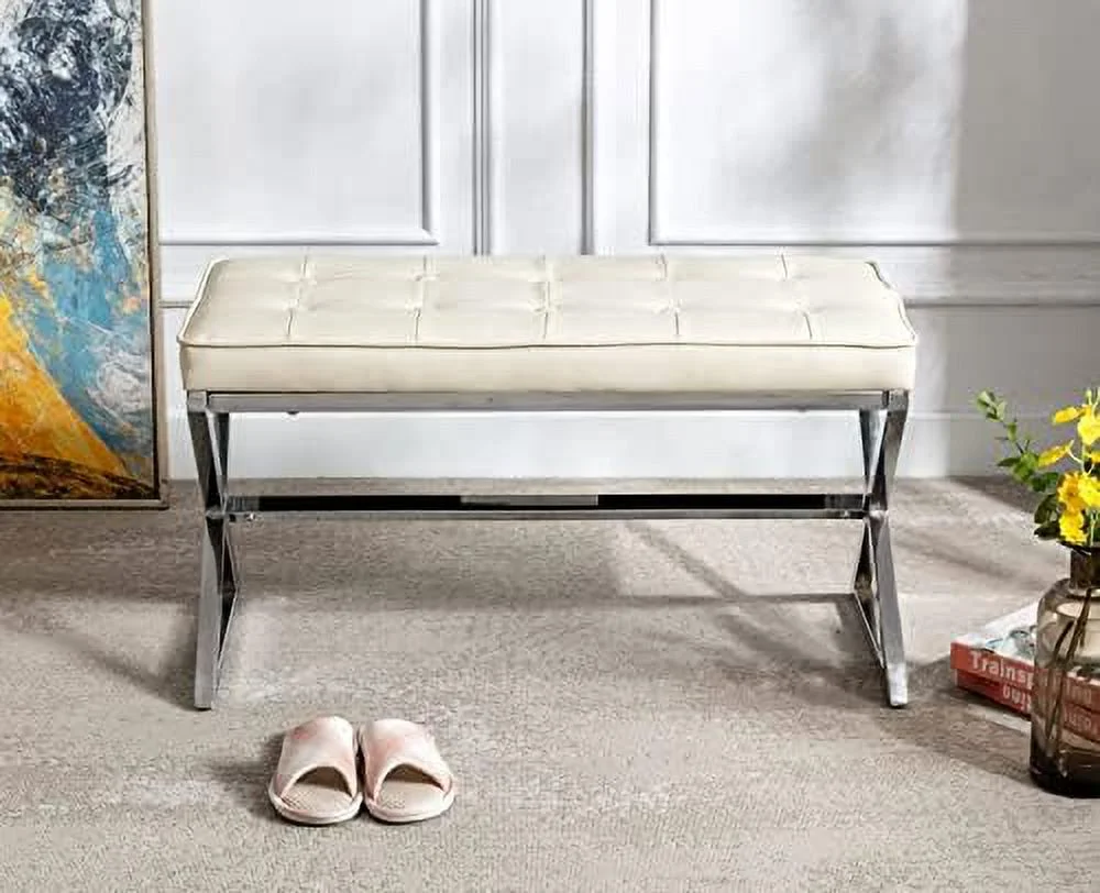 YZboomLife PU Leather Upholstered Entryway Bench Tufted Padded Bench with Metal X Legs for Bedroom End of Bed/Under Window/Living Room/Hallway/Foyer