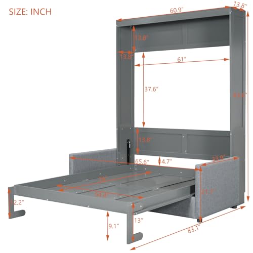 Polibi Full Size Murphy Bed with Loveseat Sofa, Wall Bed with Cushions, Horizontal Foldable Bed Frame, Grey
