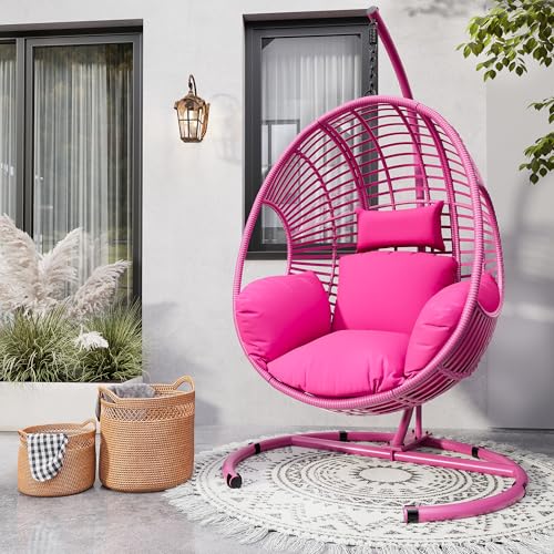 Oversized Hanging Egg Chair Outdoor Indoor, Wicker Swing Egg Chair with Stand 400lbs Capacity for Bedroom, Patio, Garden and Balcony (Beige-nest