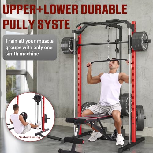 OPPSDECOR Power Cage, Multi-Function Power Rack with Adjustable Cable Pulley System, Squat Rack with Pull-up Bar, J-Hooks