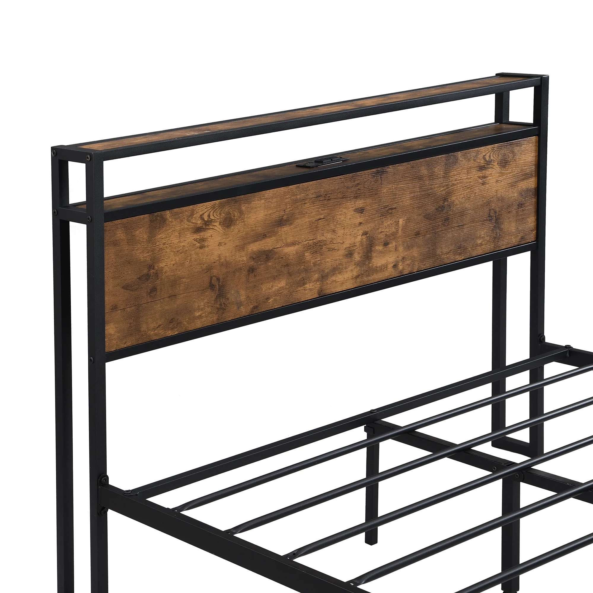 KINFFICT King Size Metal Platform Bed Frame with Wooden Headboard and Footboard, with USB Liner, Sturdy Steel Slat Support, 10.4" Underbed Storage