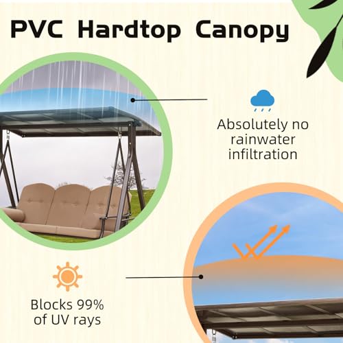 YOLENY Oversized Outdoor Porch Swing with Hardtop, 3 Seat Patio Swing with 2 Side Cup Holder, 3-in-1 Convertible Backrest Swing Bed with Cushion
