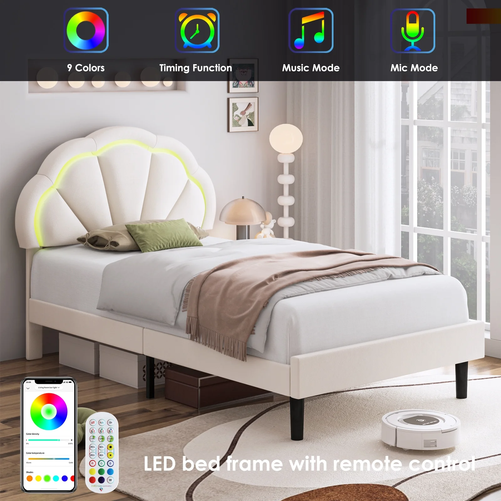 Homfa LED Bed Frame, Twin Size Velvet Upholstered Platform Bed with Adjustable Headboard, Lights Seashell Bed for Kids Girls, Off-White