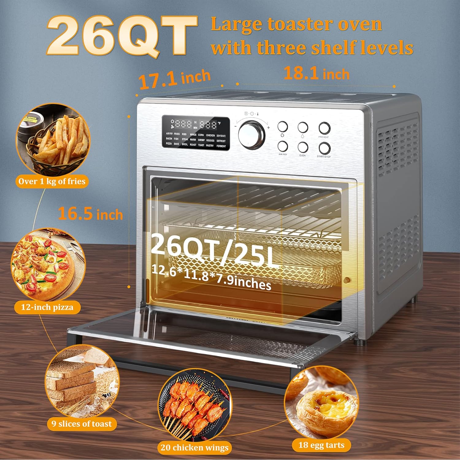 LOVMOR 26 Quart Air Fryer Oven with 9 Accessories,21-in-1 Smart Large Airfryer,Countertop Convection Toaster Ovens for Rotisserie,Baking,Dehydrators
