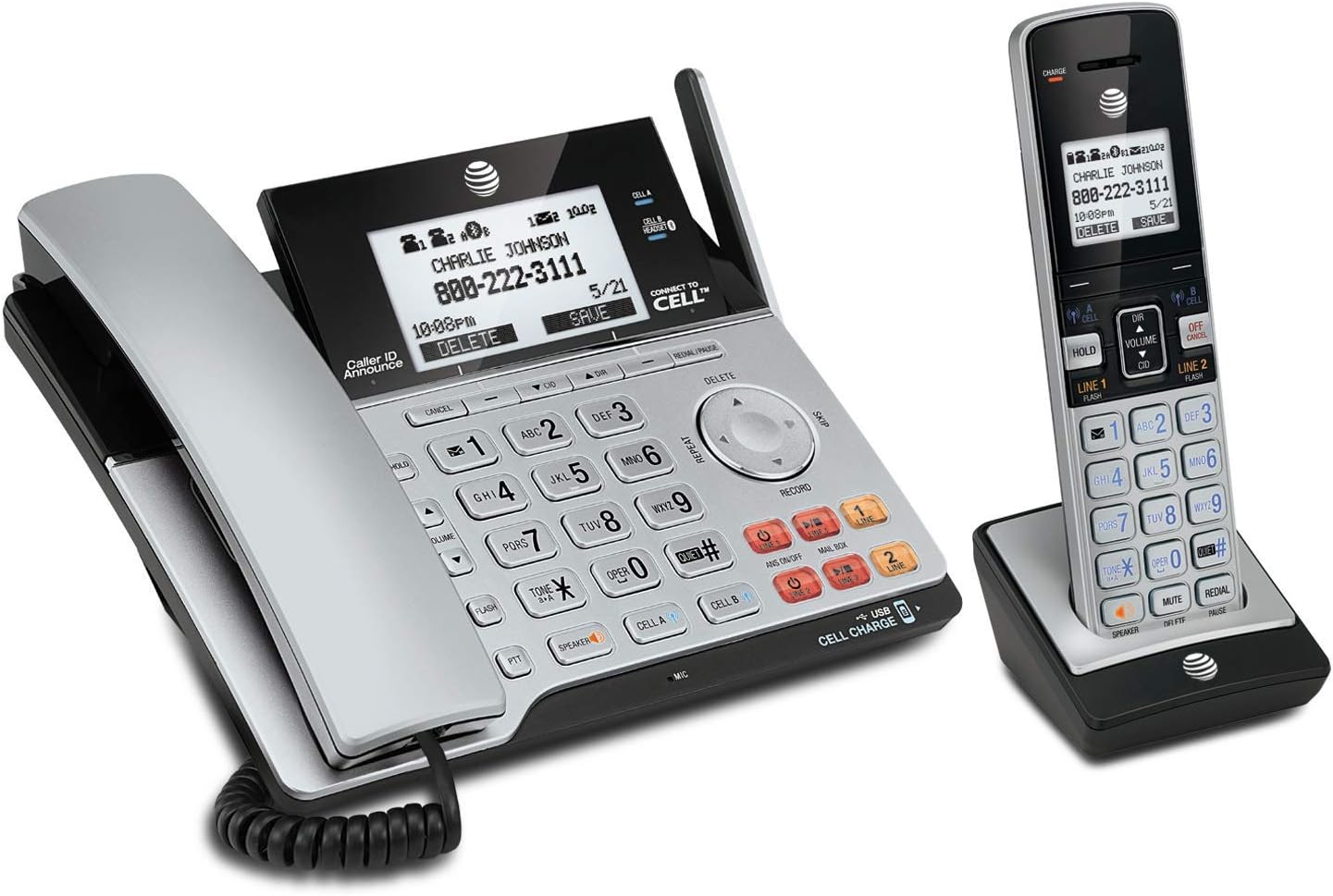AT&T TL86103 DECT 6.0 Connect to Cell 2 Line Answering System with Caller ID/Call Waiting, 1 Corded & 1 Cordless Handset, Silver/Black (Renewed)
